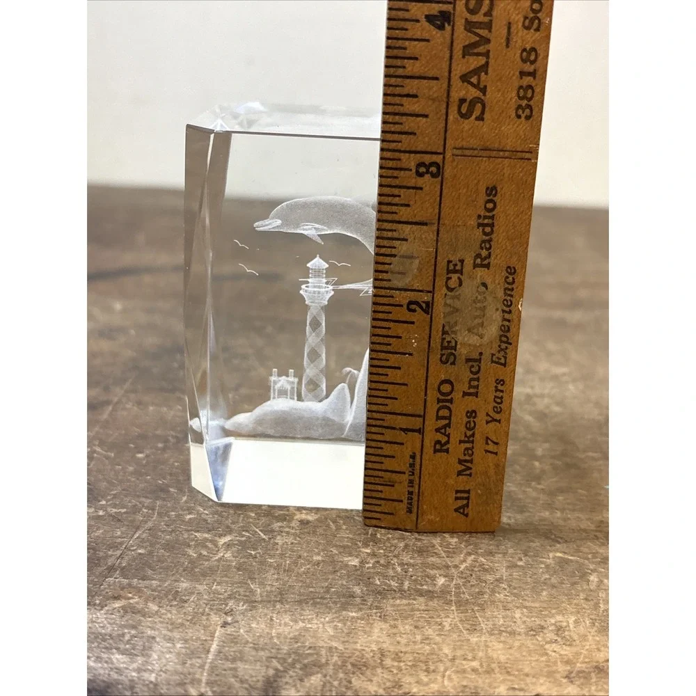 Crystal Cube Lighthouse Dolphin Beach Three Dimensional. Excellent Condition.